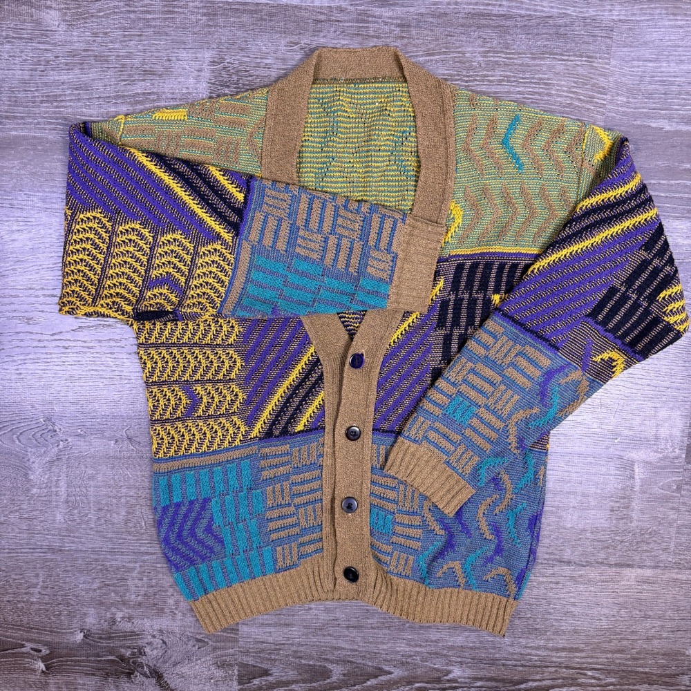 VTG Abstract 3D Chunky Knit Cardigan Mens Large‎ Geometric Coogi Style Grandpa